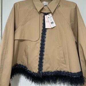 Cinq á sept Beige Trench Jacket with Navy Trim Size L.